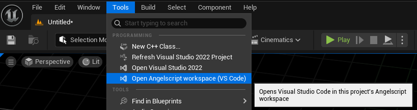 Open Angelscript workspace option